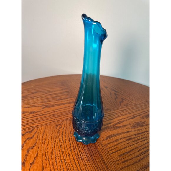 Vintage Blue Swung Glass Vase with Floral Base and Grape Accents - Picture 4 of 6